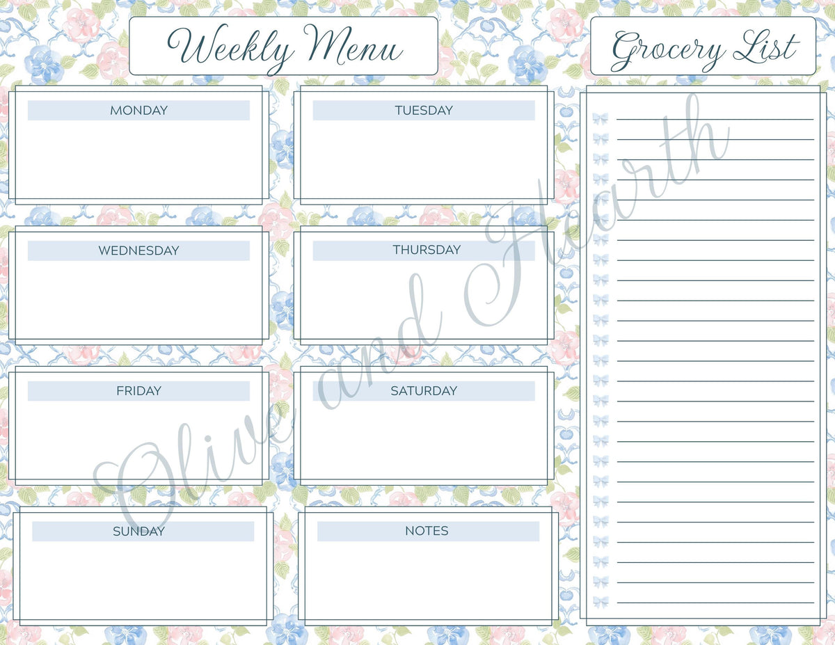 Weekly Menu & Grocery List Magnetic Notepad Set | 110 sheets | Blue | Floral | Grandmillennial Style | Mother's Day Gift Idea