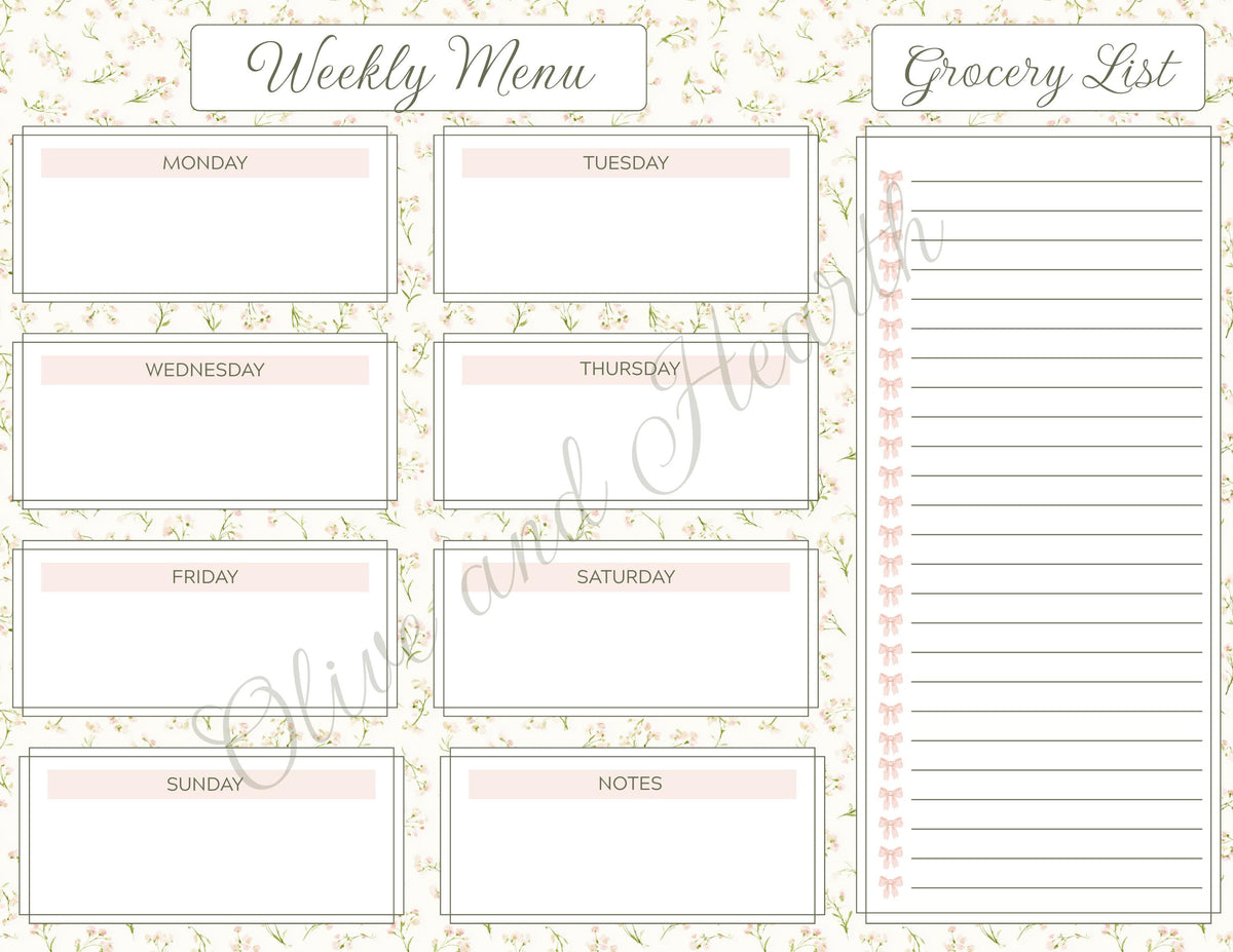 Floral Magnetic Weekly Menu & Grocery List Notepad Set | Sage Green | Dusty Pink | 110 Pages | Mother's Day Gift Idea