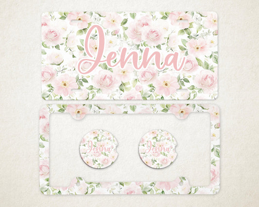 Personalized Car Accessories Set | Front License Plate, License Plate Frame, and Coasters | Mother's Day Gift Idea