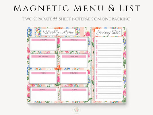 Weekly Menu & Grocery List | Magnetic Notepad Set | 110 sheets | Pink Floral Stripes | Mother's Day Gift Idea