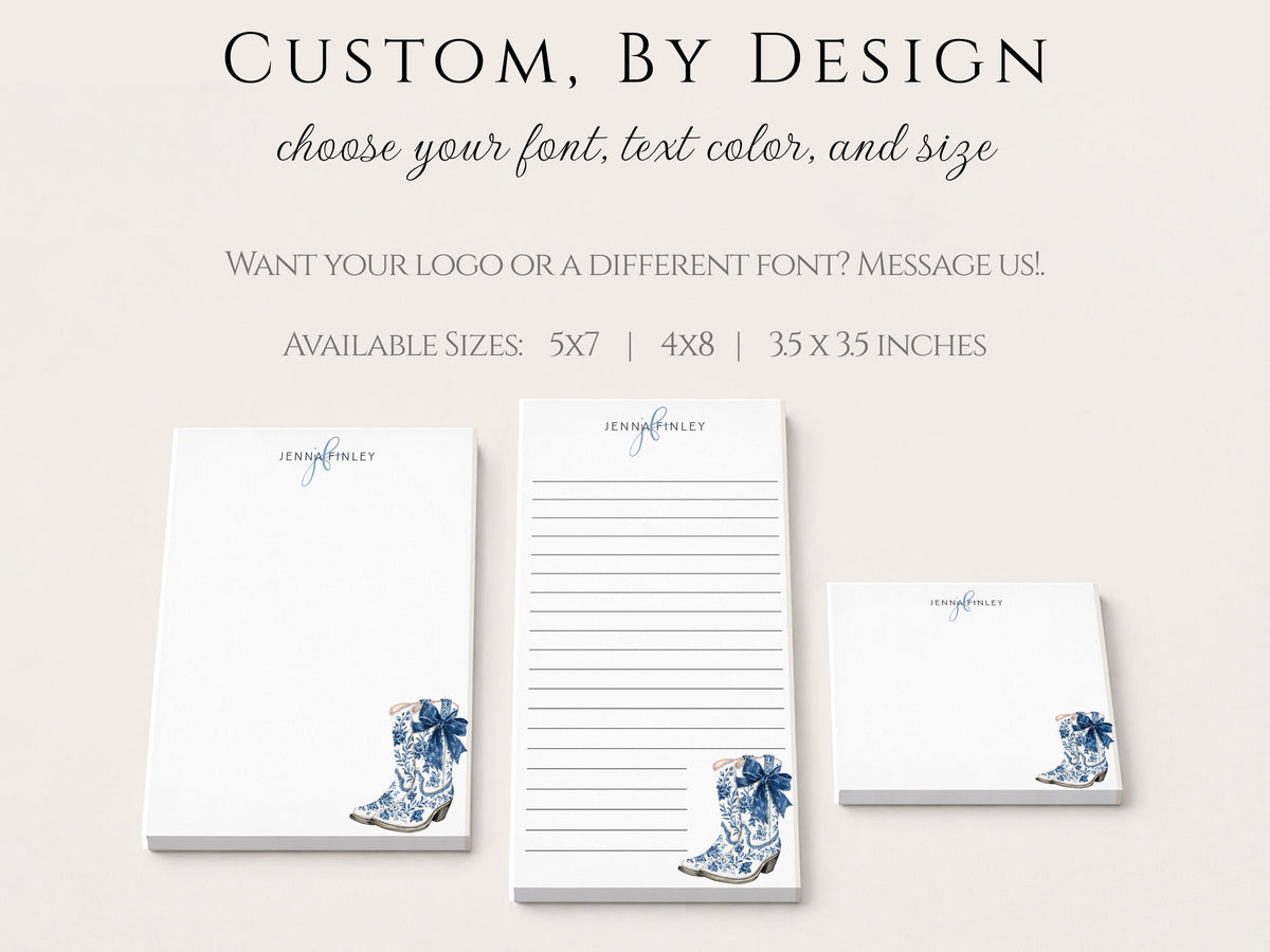 Personalized Floral Notepad | Blue Flower Cowgirl Boots | Coquette Bow | Mother's Day Gift Idea