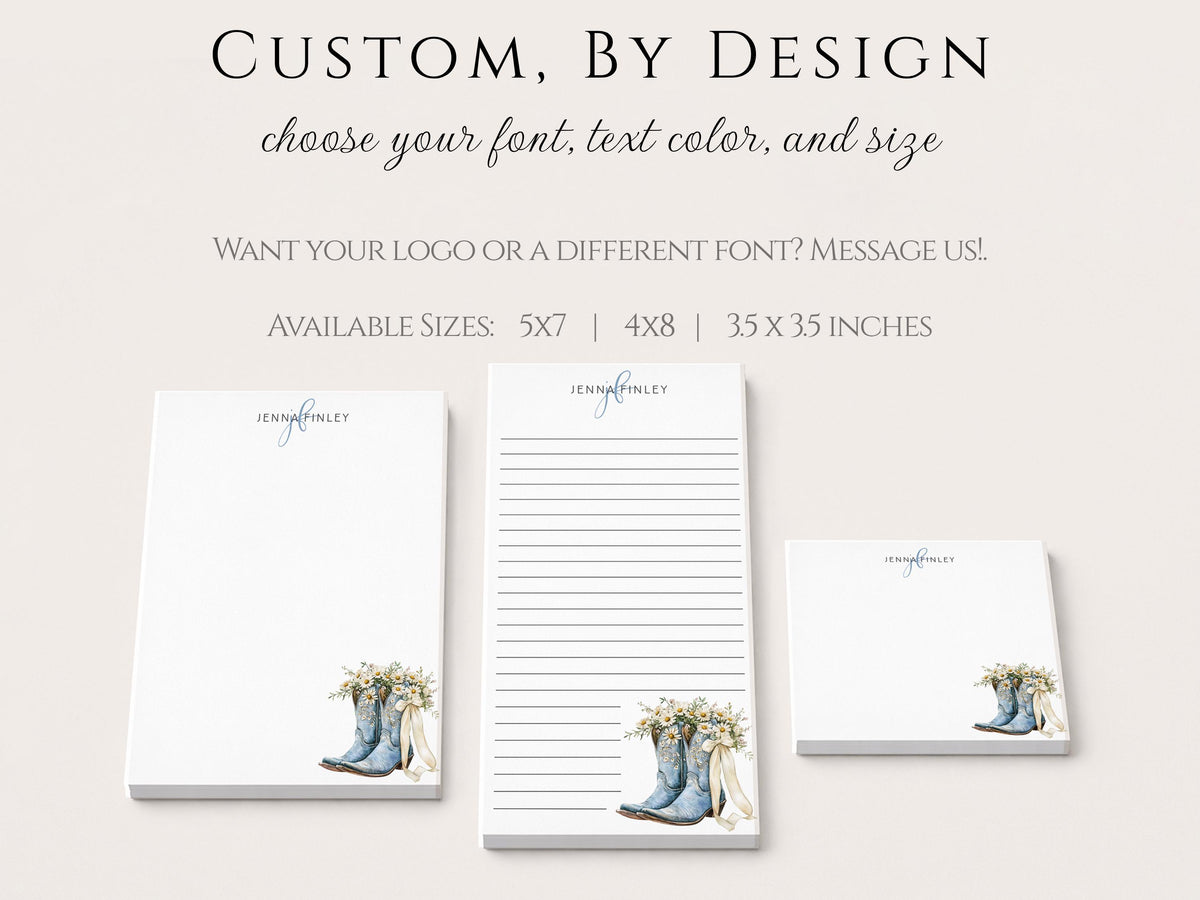 Personalized Floral Notepad | Blue Flower Cowgirl Boots | Coquette Bow & Daisies | Mother's Day Gift Idea