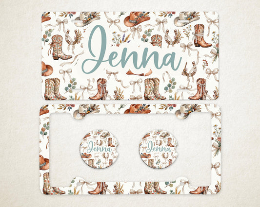 Personalized Car Accessories Set | Front License Plate, License Plate Frame, and Coasters | Mother's Day Gift Idea