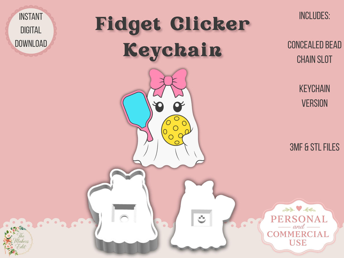 Fidget Clicker 3D Printer File | Pickleball Ghost Coquette Bow STL 3MF | Keychain
