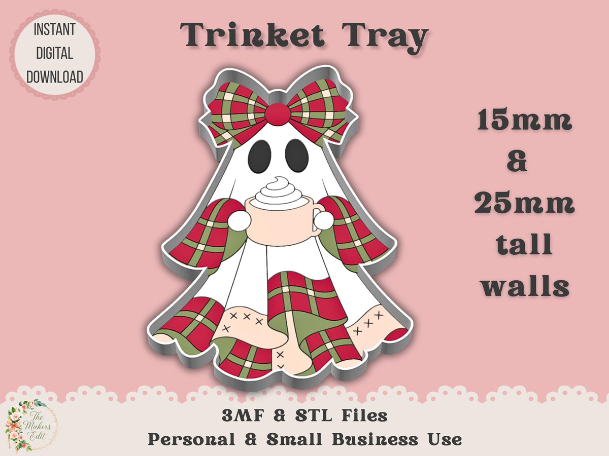 Trinket Dish 3D Printer File | Christmas Plaid Ghost STL 3MF