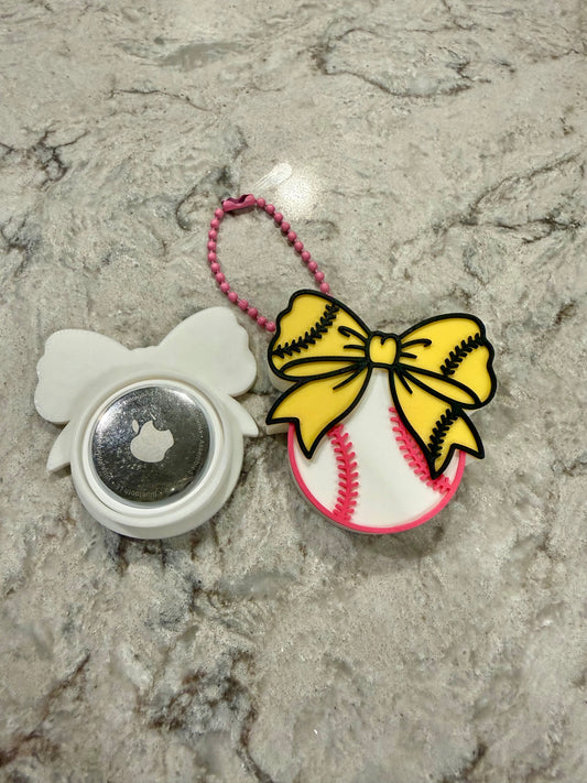 Baseball Softball Coquette Bow  AirTag Holder Keychain