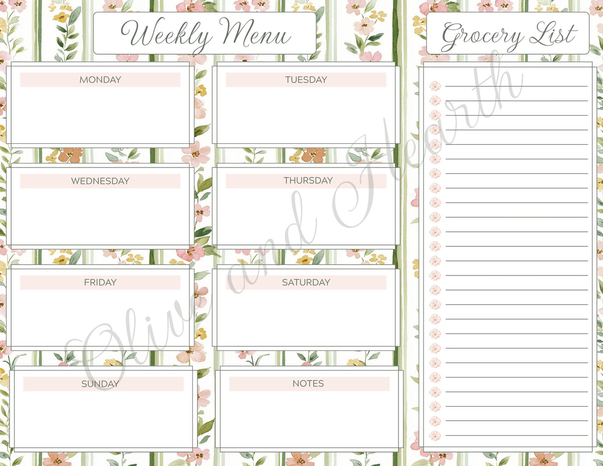 Floral Magnetic Weekly Menu & Grocery List Notepad Set | Sage Green | Dusty Pink | 110 Pages | Mother's Day Gift Idea