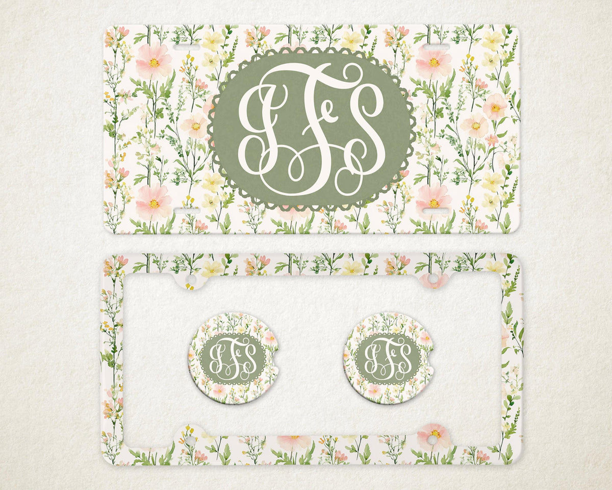 Personalized Car Accessories Set | Front License Plate, License Plate Frame, and Coasters | Mother's Day Gift Idea