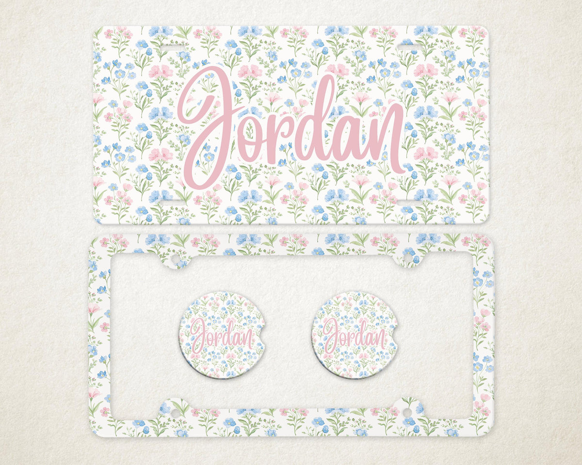 Personalized Car Accessories Set | Front License Plate, License Plate Frame, and Coasters | Mother's Day Gift Idea