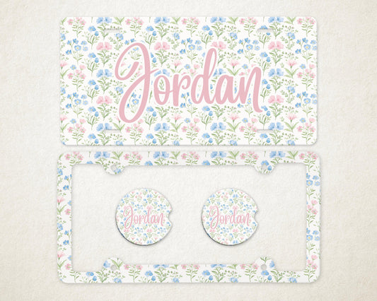 Personalized Car Accessories Set | Front License Plate, License Plate Frame, and Coasters | Mother's Day Gift Idea