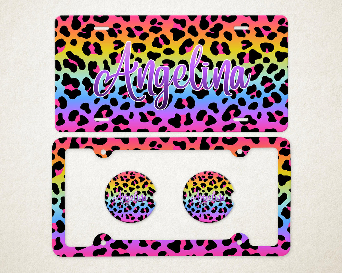 Personalized Car Accessories Set | Front License Plate, License Plate Frame, and Coasters | Mother's Day Gift Idea