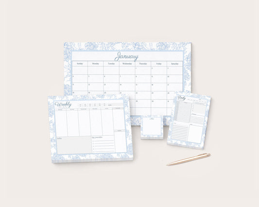 2026 Floral Calendar Desk Pad | Vintage Blue Flowers | Weekly & Daily Planner Notepad | Sticky Notes | Mother's Day Gift Idea