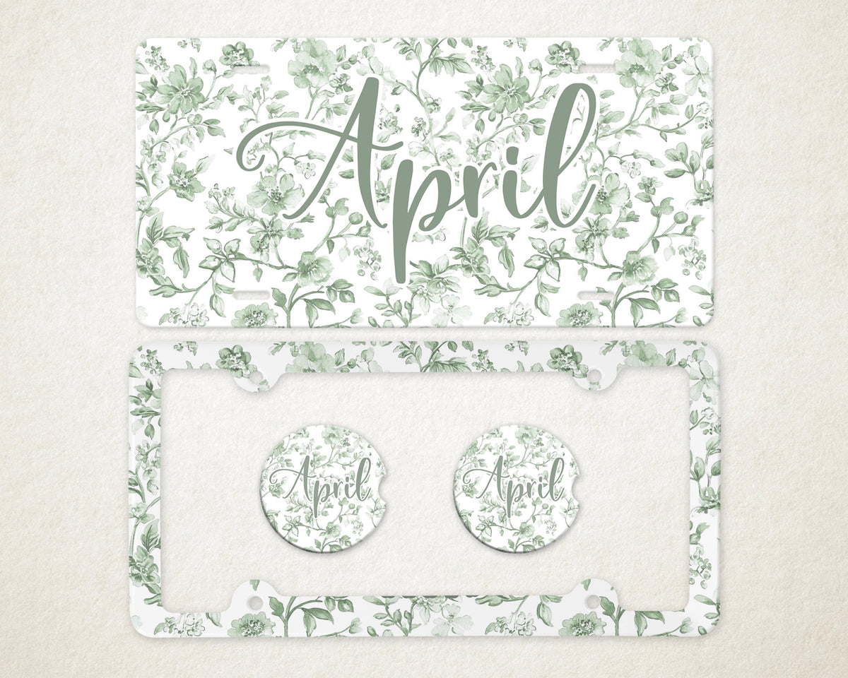 Personalized Car Accessories Set | Front License Plate, License Plate Frame, and Coasters | Mother's Day Gift Idea