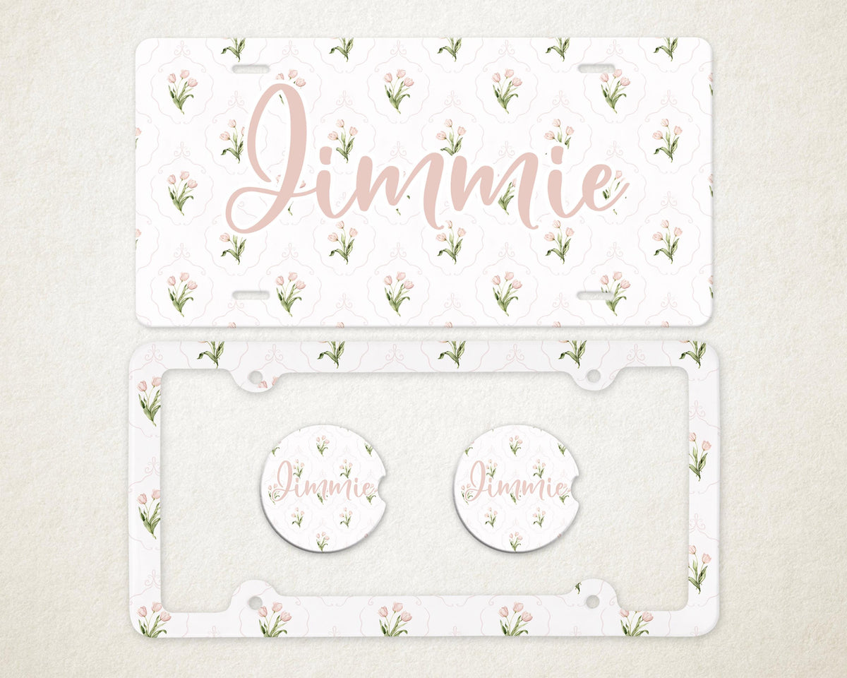 Personalized Car Accessories Set | Front License Plate, License Plate Frame, and Coasters | Mother's Day Gift Idea