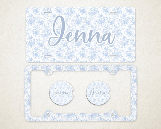 Personalized Car Accessories Set | Front License Plate, License Plate Frame, and Coasters | Mother's Day Gift Idea
