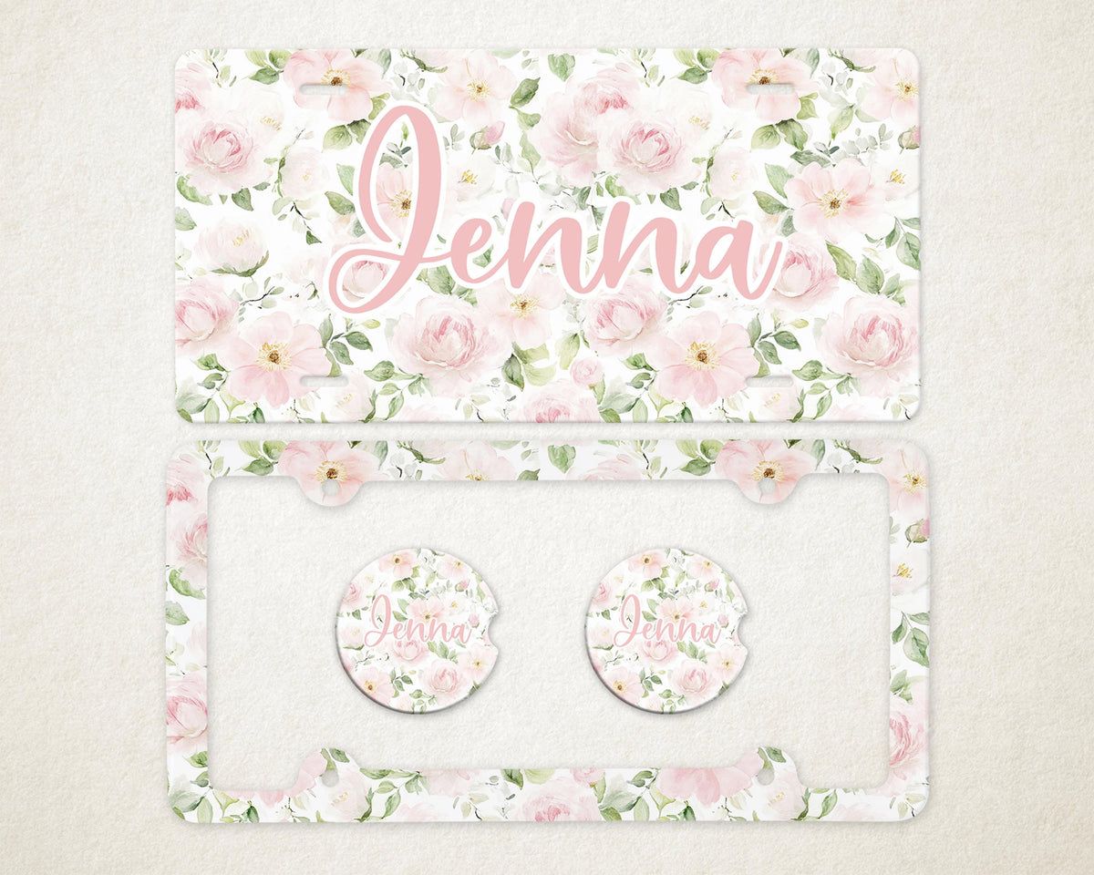 Personalized Car Accessories Set | Front License Plate, License Plate Frame, and Coasters | Mother's Day Gift Idea