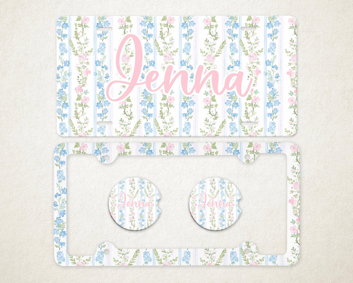 Personalized Car Accessories Set | Front License Plate, License Plate Frame, and Coasters | Mother's Day Gift Idea