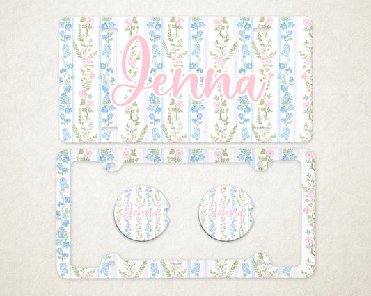 Personalized Car Accessories Set | Front License Plate, License Plate Frame, and Coasters | Mother's Day Gift Idea
