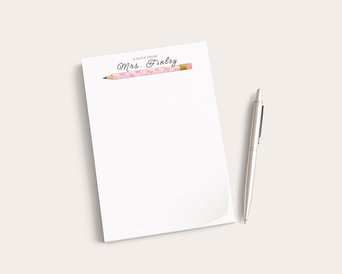 Personalized Teacher Notepad | Pink Bow Print Pencils | Teacher Appreciation Gift