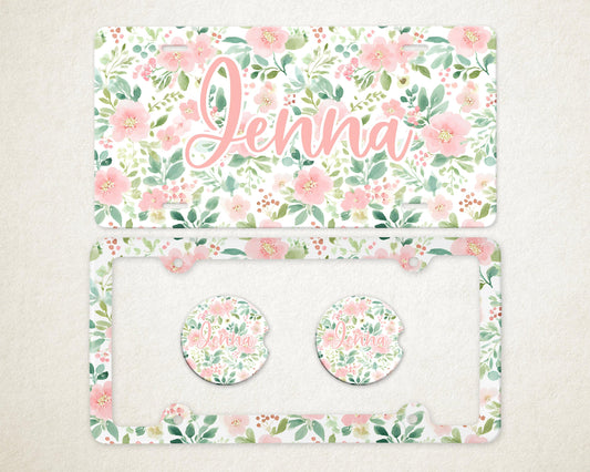 Personalized Car Accessories Set | Front License Plate, License Plate Frame, and Coasters | Mother's Day Gift Idea