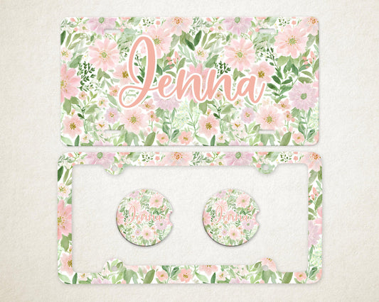 Personalized Car Accessories Set | Front License Plate, License Plate Frame, and Coasters | Mother's Day Gift Idea