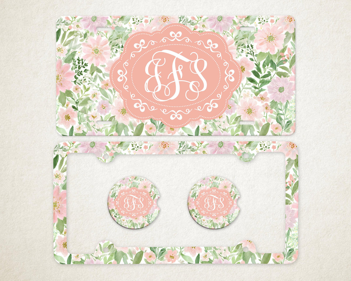 Personalized Car Accessories Set | Front License Plate, License Plate Frame, and Coasters | Mother's Day Gift Idea