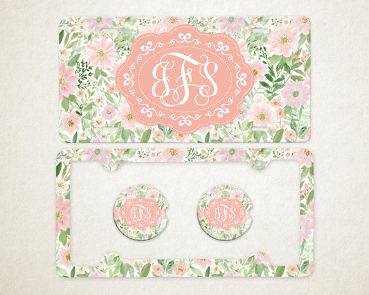 Personalized Car Accessories Set | Front License Plate, License Plate Frame, and Coasters | Mother's Day Gift Idea