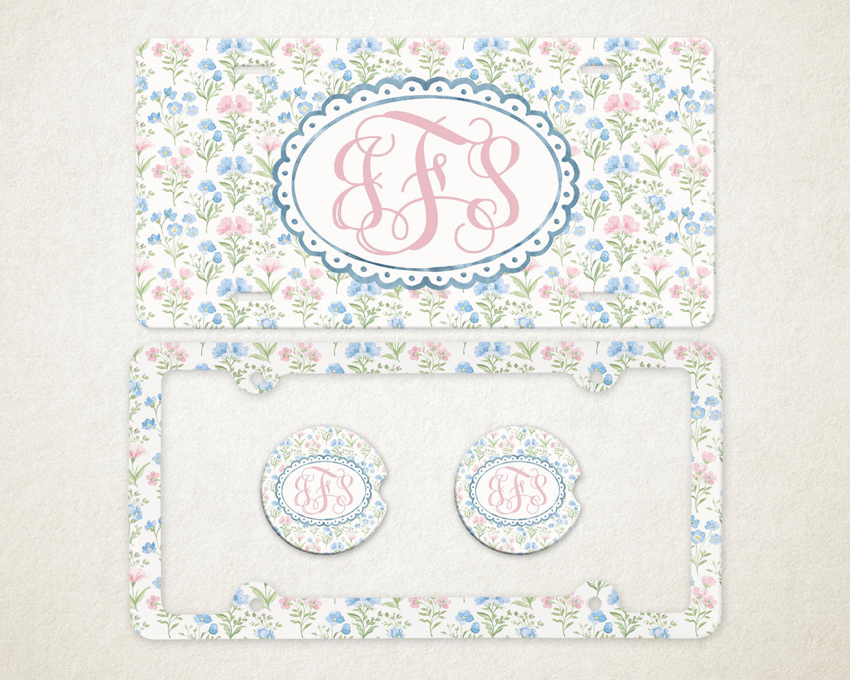 Personalized Car Accessories Set | Front License Plate, License Plate Frame, and Coasters | Mother's Day Gift Idea