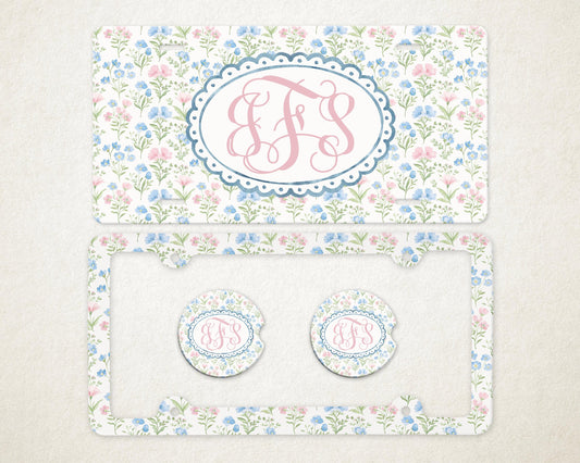 Personalized Car Accessories Set | Front License Plate, License Plate Frame, and Coasters | Mother's Day Gift Idea