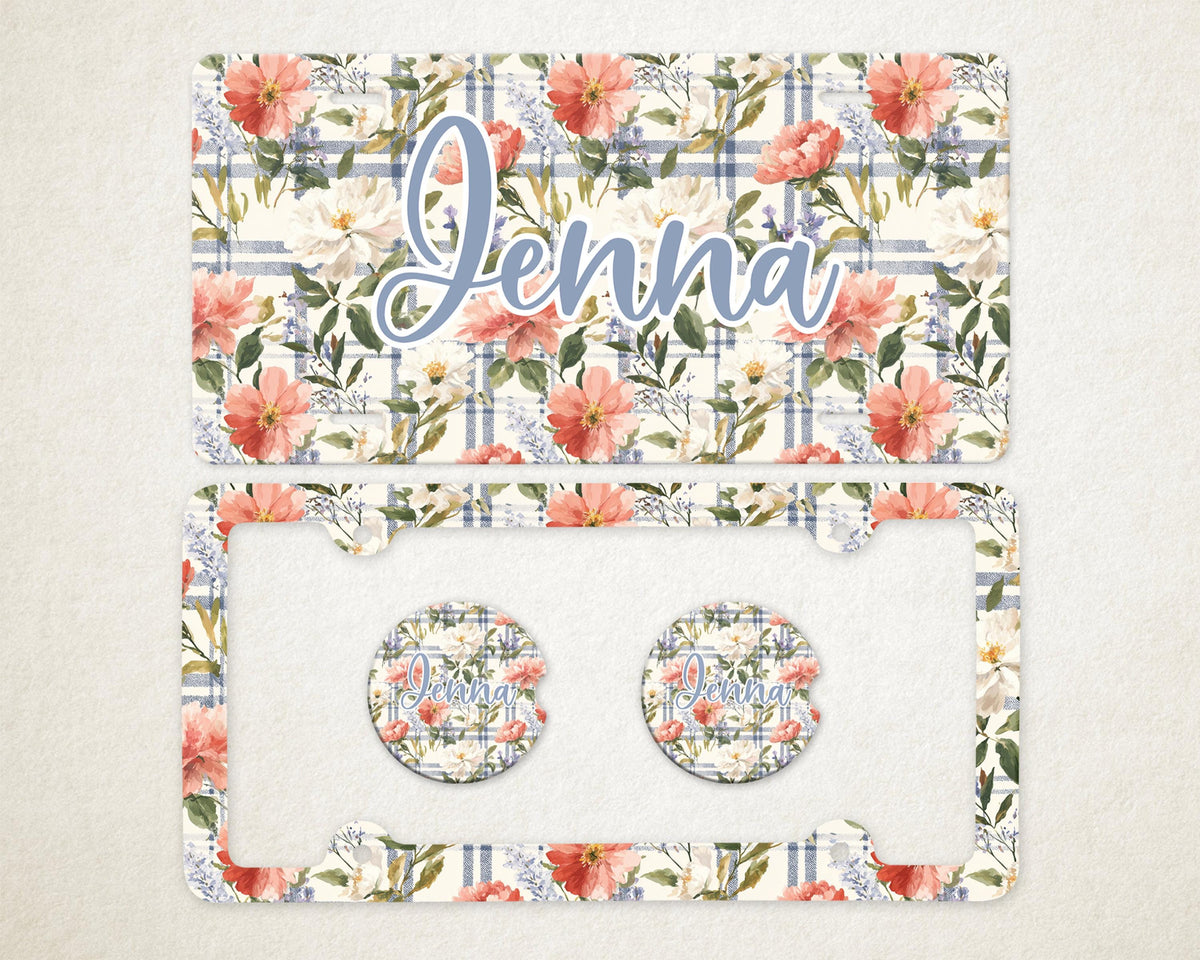 Personalized Car Accessories Set | Front License Plate, License Plate Frame, and Coasters | Mother's Day Gift Idea