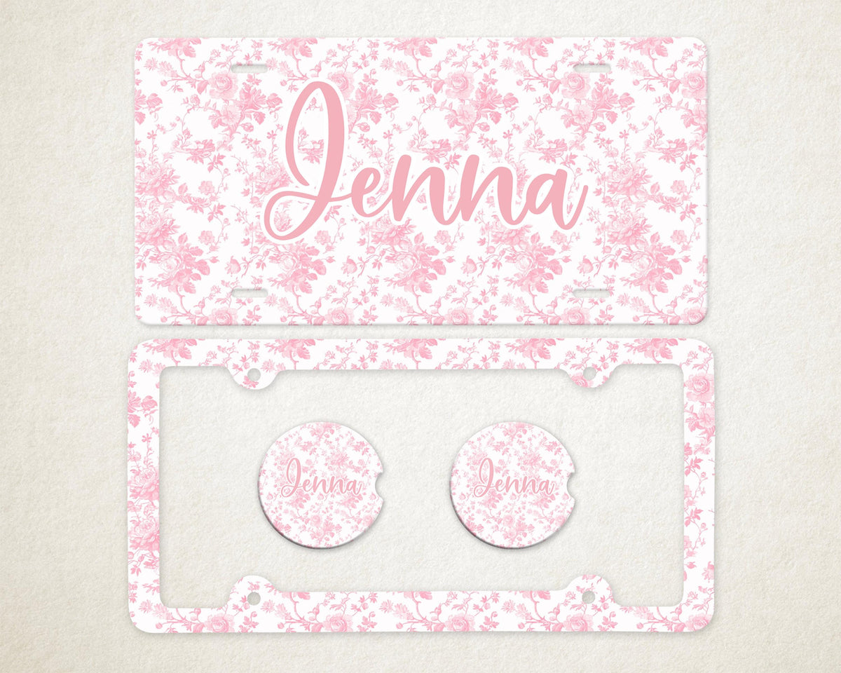 Personalized Car Accessories Set | Front License Plate, License Plate Frame, and Coasters | Mother's Day Gift Idea