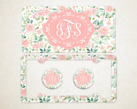 Personalized Car Accessories Set | Front License Plate, License Plate Frame, and Coasters | Mother's Day Gift Idea
