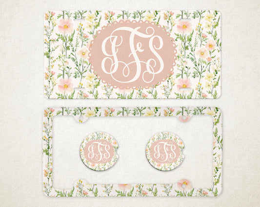 Personalized Car Accessories Set | Front License Plate, License Plate Frame, and Coasters | Mother's Day Gift Idea