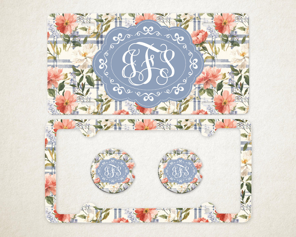 Personalized Car Accessories Set | Front License Plate, License Plate Frame, and Coasters | Mother's Day Gift Idea