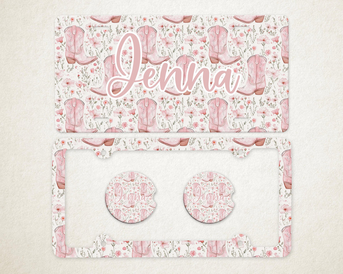 Personalized Car Accessories Set | Front License Plate, License Plate Frame, and Coasters | Mother's Day Gift Idea