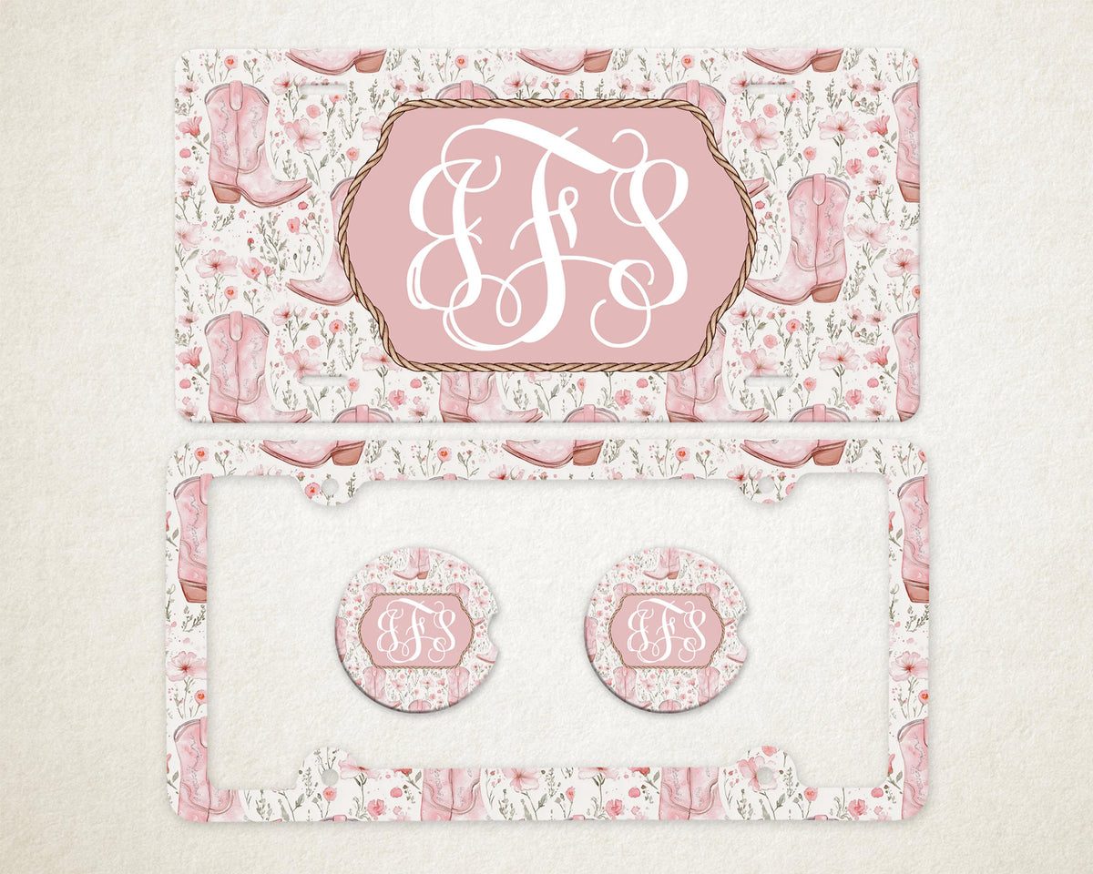 Personalized Car Accessories Set | Front License Plate, License Plate Frame, and Coasters | Mother's Day Gift Idea