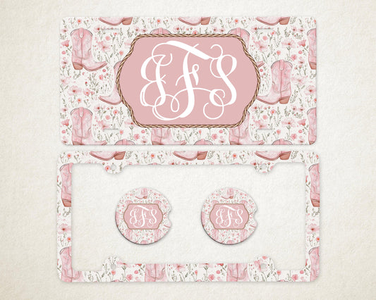 Personalized Car Accessories Set | Front License Plate, License Plate Frame, and Coasters | Mother's Day Gift Idea
