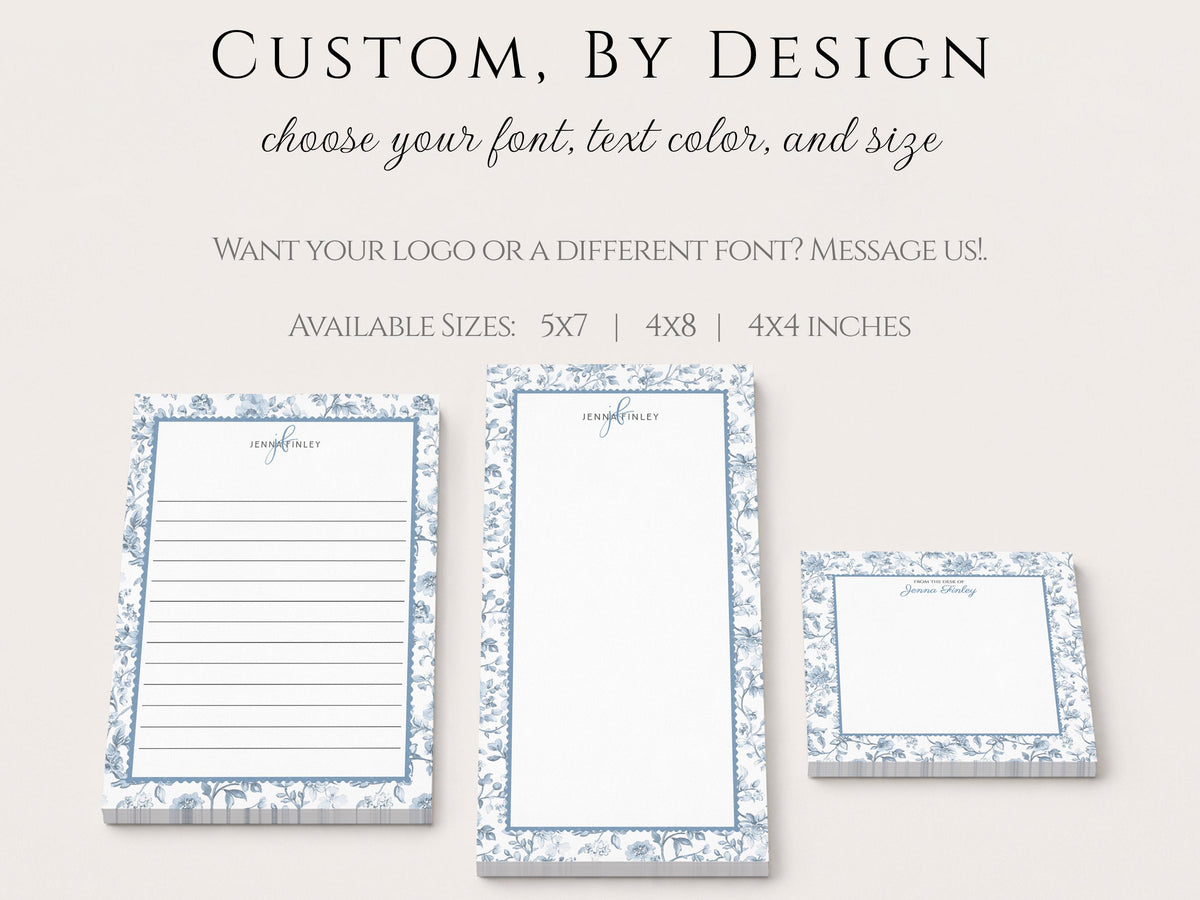 Personalized Floral Notepad | Dusty Blue Toile Flowers | Mother's Day Gift Idea