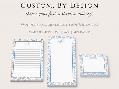 Personalized Floral Notepad | Dusty Blue Toile Flowers | Mother's Day Gift Idea