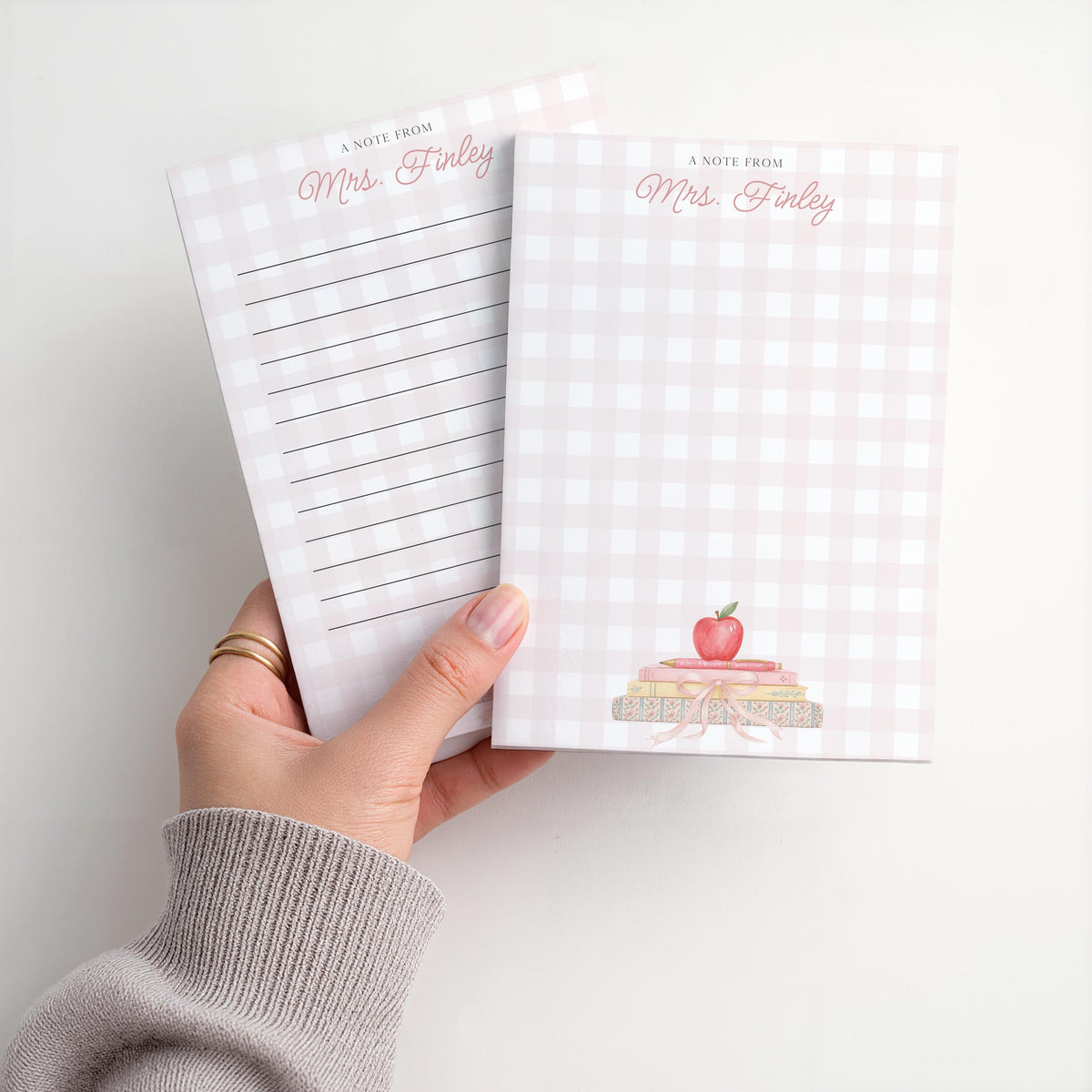 Personalized Teacher Notepad | Pink Gingham Book Pile Bow | Teacher Appreciation Gift