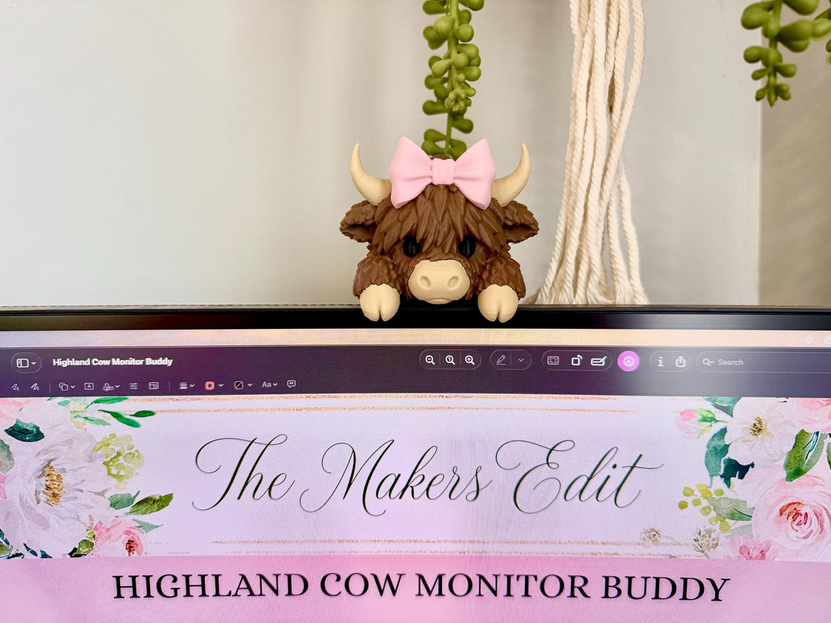Monitor Buddy 3D Printer File | Highland Cow Coquette Bow STL 3MF | Commercial Use