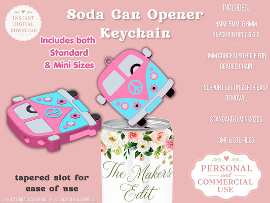 Soda Can Tab Opener Keychain 3D Printer File | Groovy Van STL 3MF | Commercial Use | Nail Saver Keychain