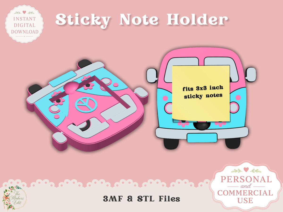 Sticky Note Holder 3D Printer File | Groovy Van | STL 3MF | Commercial Use | Desk Organizer