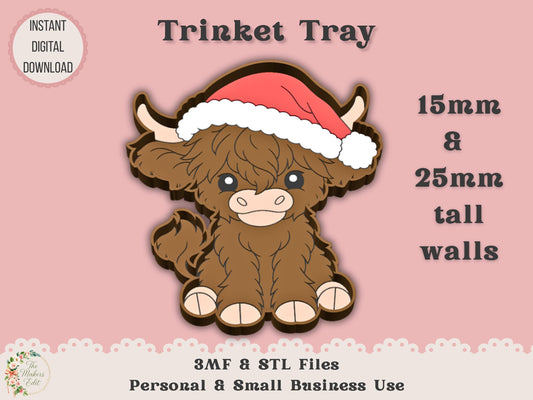 Trinket Dish 3D Printer File | Highland Cow Santa Hat STL 3MF