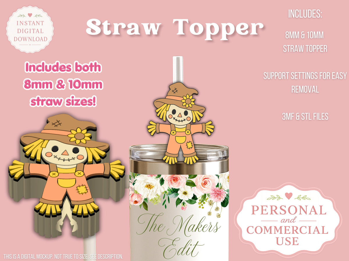 Straw Topper 3D Printer File | Scarecrow STL 3MF | Fits 10mm & 8mm Straws