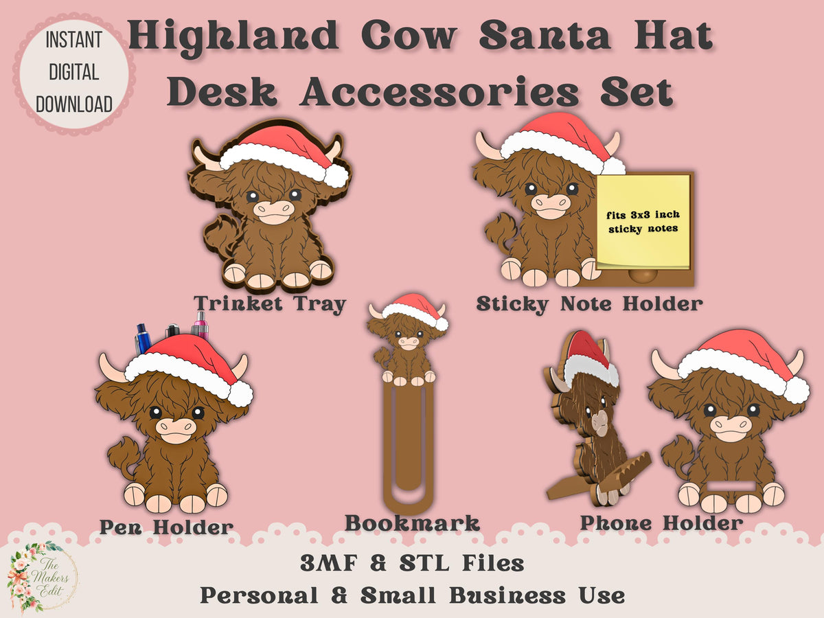 Highland Cow Santa Hat Desk Accessories Bundle 3D Printer File | STL 3MF