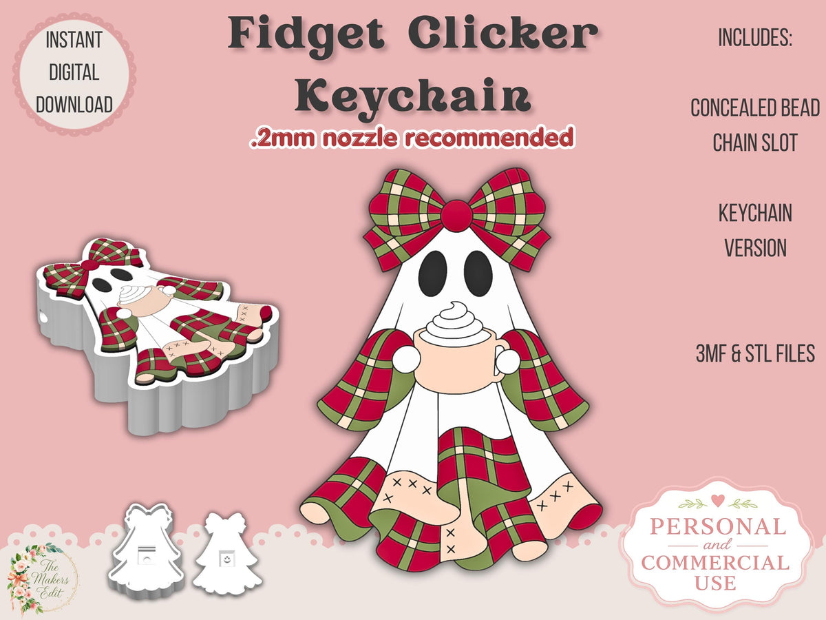 Fidget Clicker 3D Print File | Christmas Plaid Ghost STL 3MF