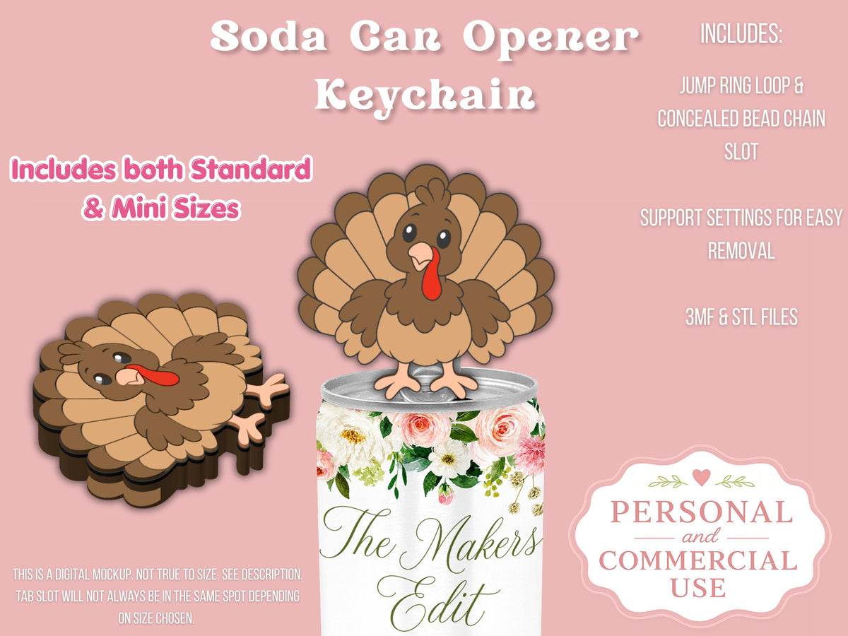 Soda Can Tab Opener Keychain 3D Printer File | Cute Turkey STL 3MF