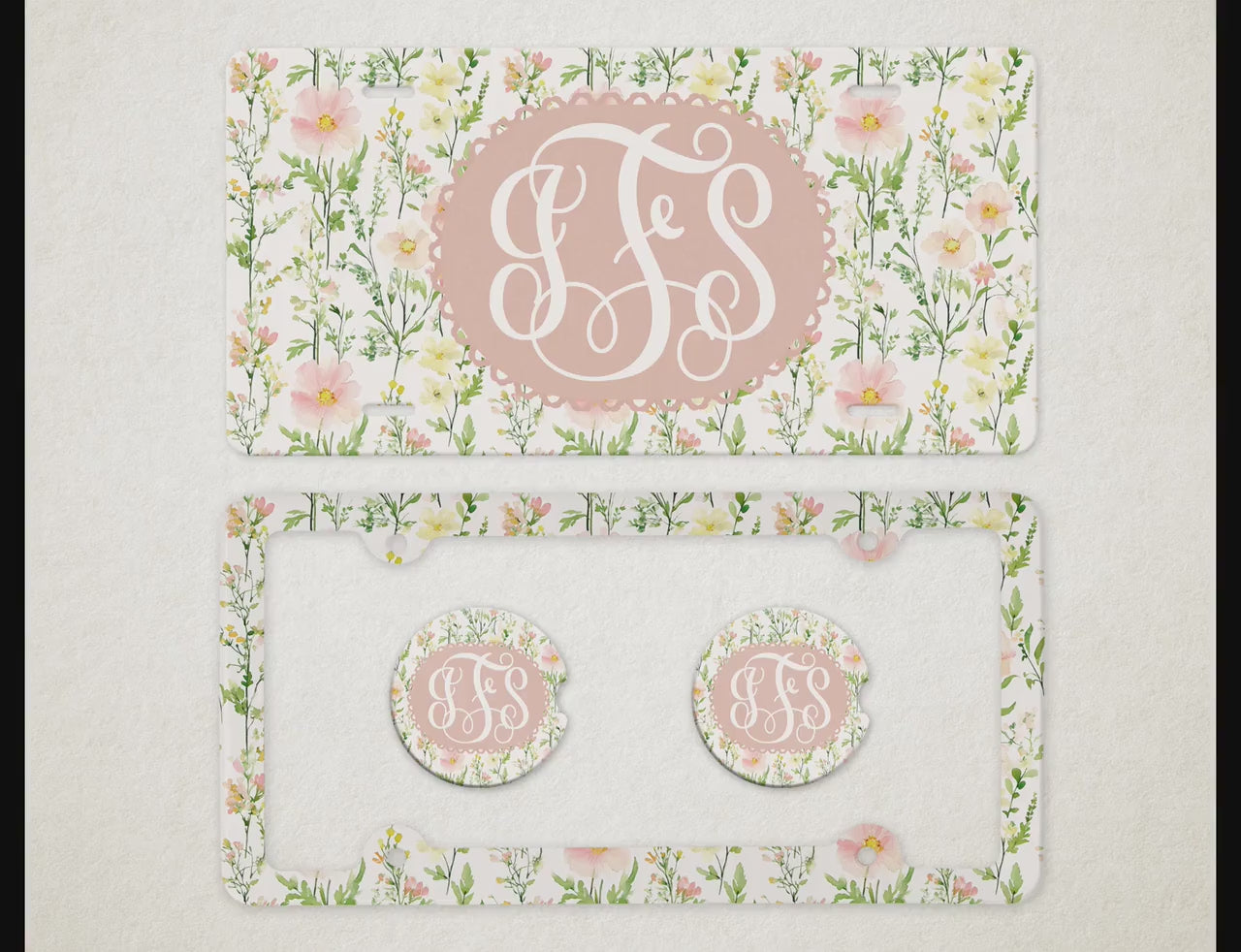 Personalized Car Accessories Set | Front License Plate, License Plate Frame, and Coasters | Mother's Day Gift Idea